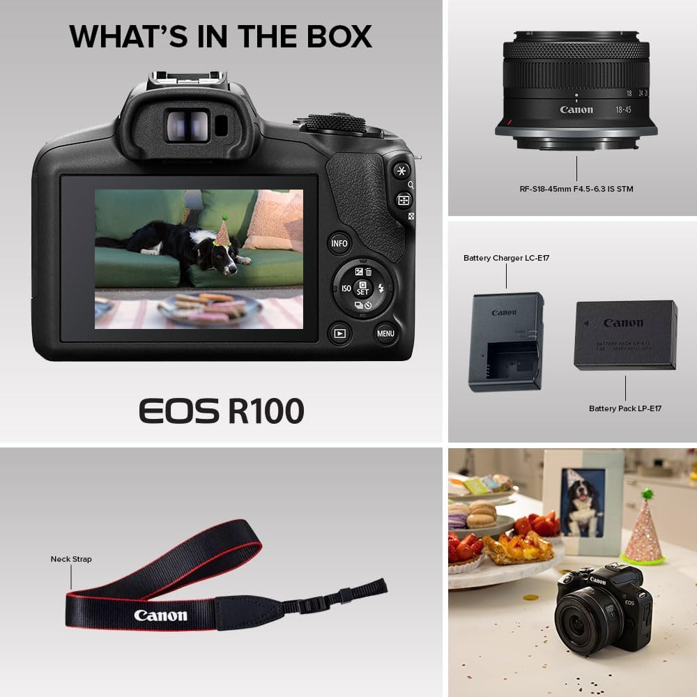 Canon EOS R100 Mirrorless Camera with RF-S18-45mm F4.5-6.3 is STM & RF-S55-210mm F5-7.1 is STM Lenses, APS‑C Sensor, 24.1 MP, 4K Video, Lightweight Vlogging Camera for Entry-Level Creators, Black