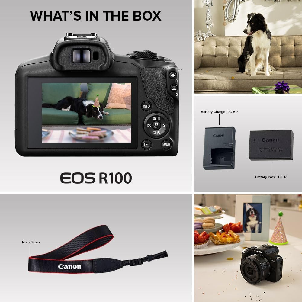 Canon EOS R100 Mirrorless Camera with RF-S18-45mm F4.5-6.3 is STM & RF-S55-210mm F5-7.1 is STM Lenses, APS‑C Sensor, 24.1 MP, 4K Video, Lightweight Vlogging Camera for Entry-Level Creators, Black