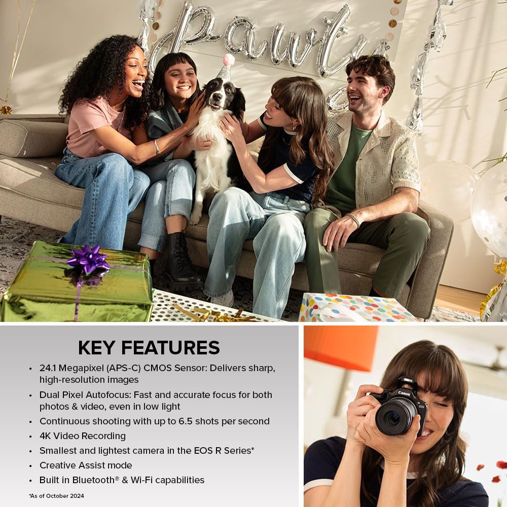 Canon EOS R100 Mirrorless Camera with RF-S18-45mm F4.5-6.3 is STM & RF-S55-210mm F5-7.1 is STM Lenses, APS‑C Sensor, 24.1 MP, 4K Video, Lightweight Vlogging Camera for Entry-Level Creators, Black