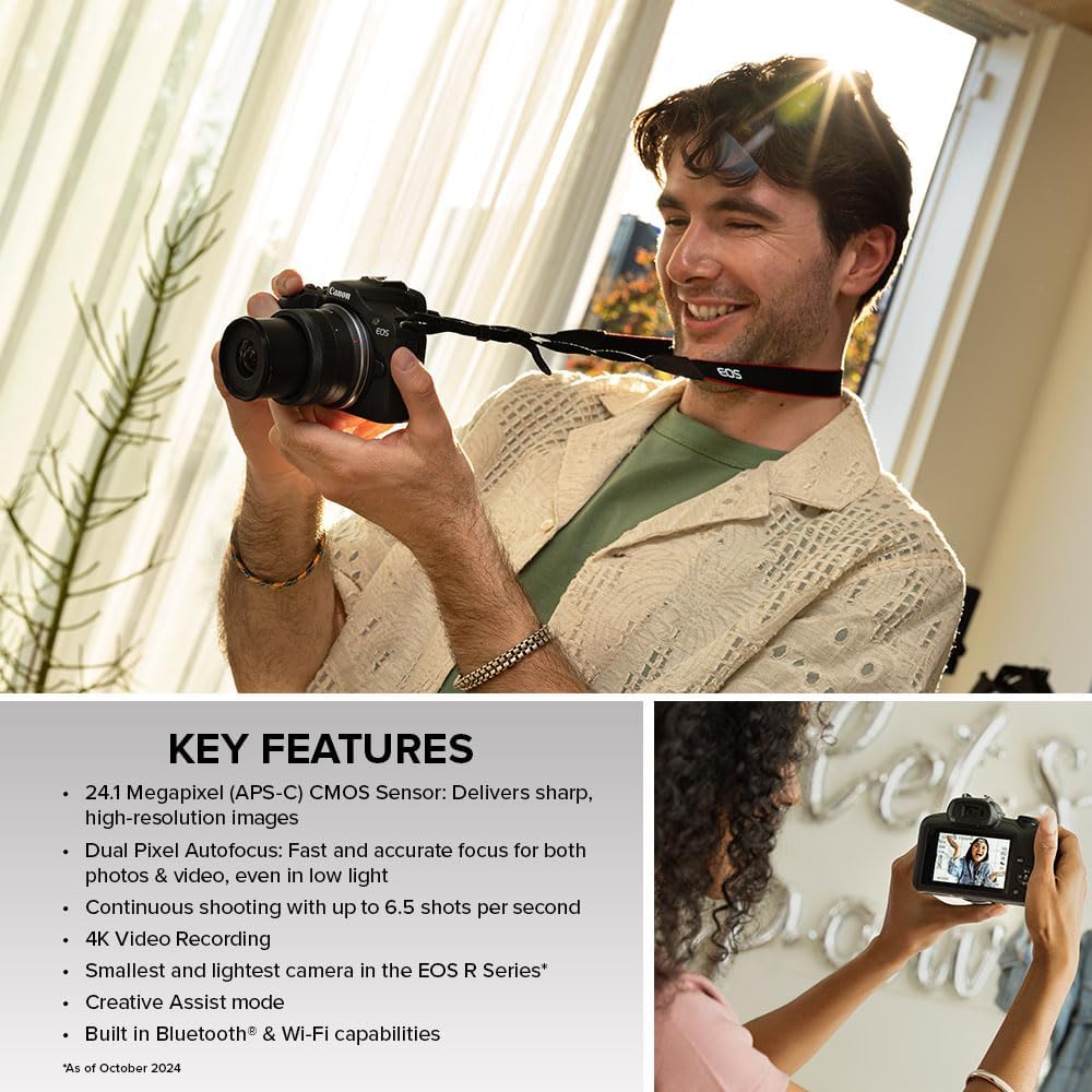 Canon EOS R100 Mirrorless Camera with RF-S18-45mm F4.5-6.3 is STM & RF-S55-210mm F5-7.1 is STM Lenses, APS‑C Sensor, 24.1 MP, 4K Video, Lightweight Vlogging Camera for Entry-Level Creators, Black
